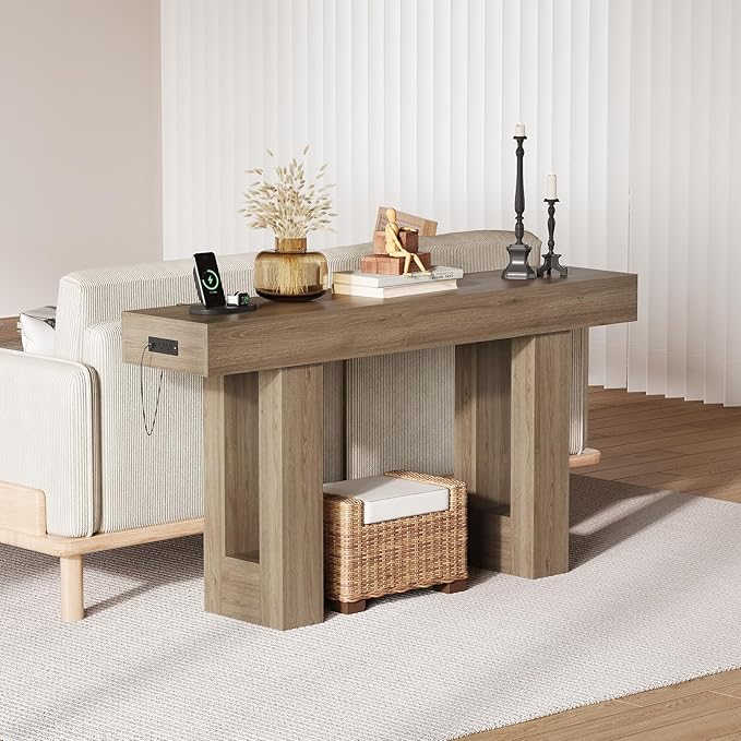 IDEALHOUSE 63" Entryway Table, Wood Console Table with Charging Station, Extra Long Sofa Table, Narrow Hallway Foyer Table for Entryway, Hallway, Living Room, Grey