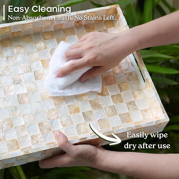 CHI AN HOME 15.8” x 11.8” Rectangle Serving Tray with Handles, Capiz Shells Checkered Rectangular Tray for Ottoman Table, Mother of Pearl Decorative Serving Tray for Living Room, Kitchen (Ivory)