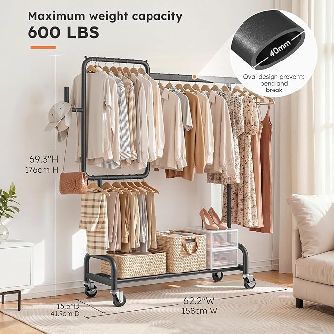 SOLEDI Heavy Duty Partitioned Clothes Rack, 600 LBS Load Metal Garment Rack with Shelves & Lockable Wheels, Rolling Hanging Rack for Bedroom, Laundry Room, Store & Garage (Black)