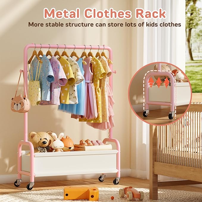Kids Clothing Rack with Storage Shelf, Kids Dress Up Storage for Coats, Small Baby Garment Rack for Hanging Clothes, Toddler Wardrobe Closet Organizer (Pink, Upgrade with Wheel)
