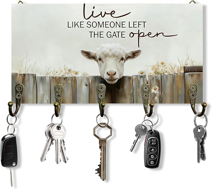 Sheep Gifts Key Holder for Wall 10"x5.12", Sheep Lamb Decor Key Hanger Wall Mount, Live Like Someone Left The Gate Open Rustic Farmhouse Lamb Wooden Hanging Keys Holder Decor for Entryway