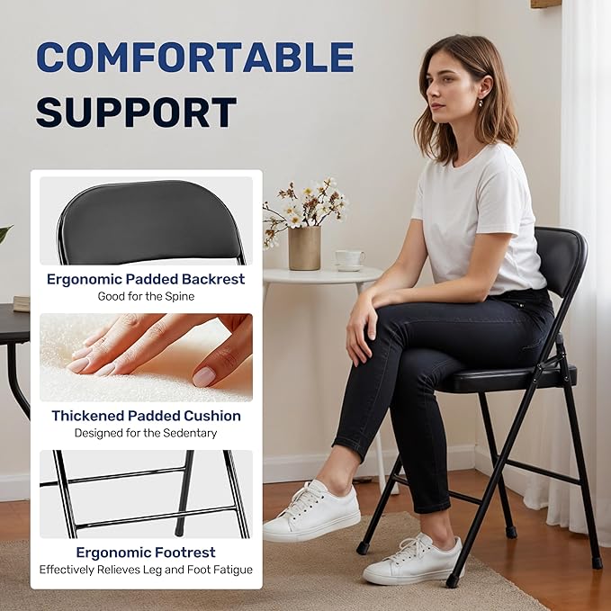 Simple Deluxe 2 Pack Portable Padded Folding Chairs, Leather Upholstered Seat Pad & Durable Metal Construction, Commercial-Grade Seating for Home, Office, Indoor Outdoor Events, Black