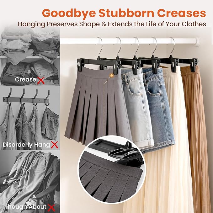 HOUSE DAY Pants & Skirt Hangers - 10 Pack Pants Hangers with Non-Slip Big Clips - Closet Hanger for Shorts, Shirts, Jeans, Slacks, Clothes, Clothing - Durable, Slim & Space Saving, Black - 12 Inch