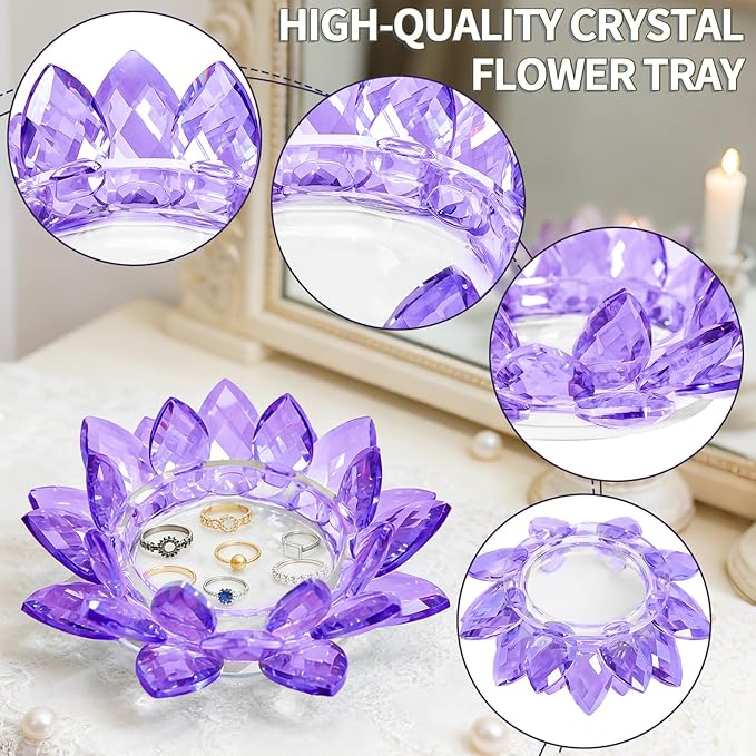 Crystal Flower Jewelry Tray, Transparent Decorative Trinket Dish for Rings, Earrings, Necklaces, Keys for Vanity Dresser Nightstand, Elegant Gift for Women Mother's Day (1, 6.3"(W)- Purple)