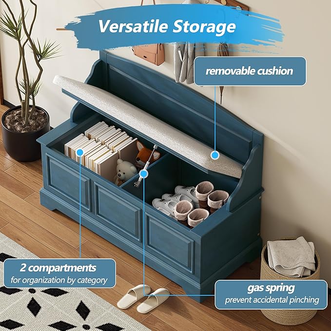 LUMISOL Shoe Storage Bench with Cushion, 41.7” Farmhouse Entryway Bench with Soft-Close Devices and Hidden Storage, Upholstered Storage Ottoman for Living Room, Entryway, Bedroom, Antique Navy