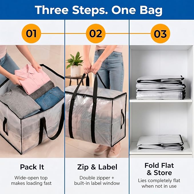 ClearSpace Heavy Duty Moving Bags or Storage Bags – Clear Storage Bins with Lids, Large Moving Boxes with Backpack Straps & Zippers – Packing Bags & Moving Supplies for College Dorm- 4 Pack