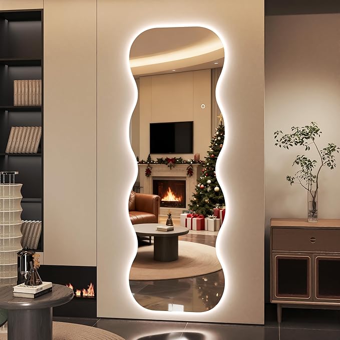 Hasipu Wavy Full Length Mirror with Lights - 71"×24" LED Wavy Floor Mirror, Frameless, Dimmable, Standing or Vertical/Horizontal Wall-Mounted Mirror for Bedroom, Living Room, Cloakroom