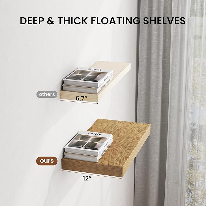 Dreamland 40" Floating Shelves for Wall, 12" Deep Thicker Oak Floating Shelves, Wall-Mounted Shelves for Bedroom, Living Room, Kitchen, Bathroom - Set of 2