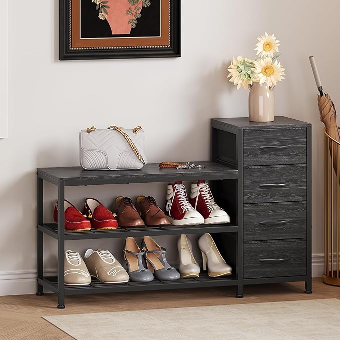 EXOTICA 3 Tier Entryway Bench Shoe Storage Bench with 4 Fabric Drawers Metal Frame and Wooden Board Shoe Rack Bench with Seat for Entryway Hallway Front Door Doorway
