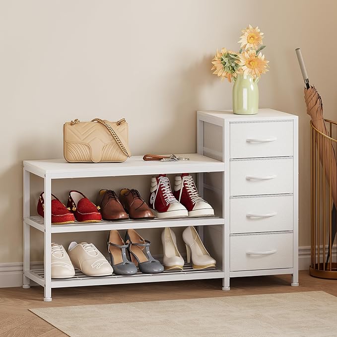 EXOTICA 3-Tier Shoe Storage Bench White Entryway Shoe Rack with 4 Drawers and Seating Shoe Shelf Storage Cabinet for Hallway Front Door Doorway Living Room Mudroom Steel Frame