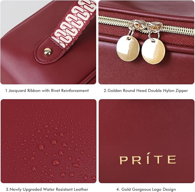 Prite Makeup Bag for Women Travel Waterproof Vegan Leather Cosmetic Bag Open Flat Toiletry Bag With Clear Divider and Handle (Dark Red, Medium)