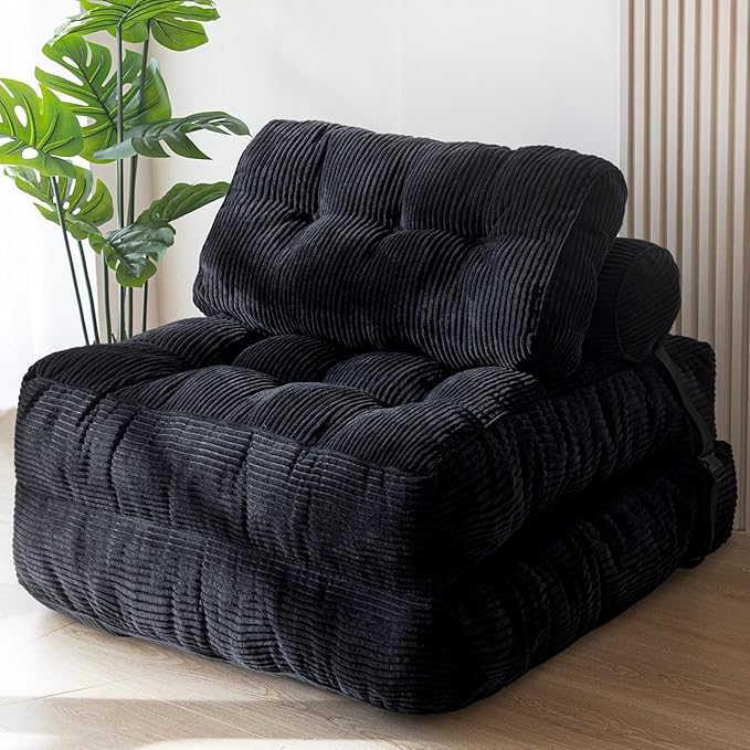 MAXYOYO Folding Sofa Bed, Convertible Chair with Pillow Foldable Couch with Back Support, Portable Fold Out Chair Bed Comfy Floor Sofa Lounge for Living Room Bedroom, Black, Single