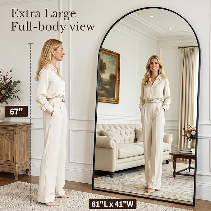 MISSDAY Large Arched Full Length Mirror, 81"x41" Oversized Full Body Mirror with Stand, Floor Mirror Long Free Standing, Leaning or Hanging, Frame Wall-Mounted Mirrors Wall Mirrors for Bedroom, Black
