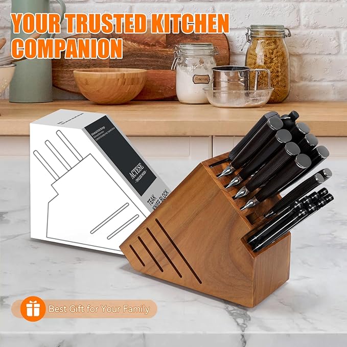 Teak Wood Knife Block Holder without Knives, 20 Slot Large Universal Wooden Knife Block Organizer with Wide Slots and Secure Stand, Countertop Butcher Block for Kitchen Storage