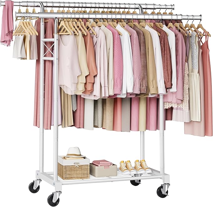 FAVOOSTY Clothes Rack for Hanging Clothes Double Rods, Rolling & Extending Clothing Rack with Wheels, Garment Coat Rack Freestanding, Portable Clothes Rack, White