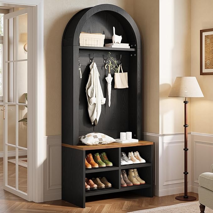 Tribesigns Arched Hall Tree with Bench and Shoe Storage, 70.87" H Tall Coat Rack with Shoe Bench, 4-in-1 Entryway Coat Rack with 4 Hooks & Storage Cubbies, for Mudroom, Hallway, Bedroom, Black＆ Brown
