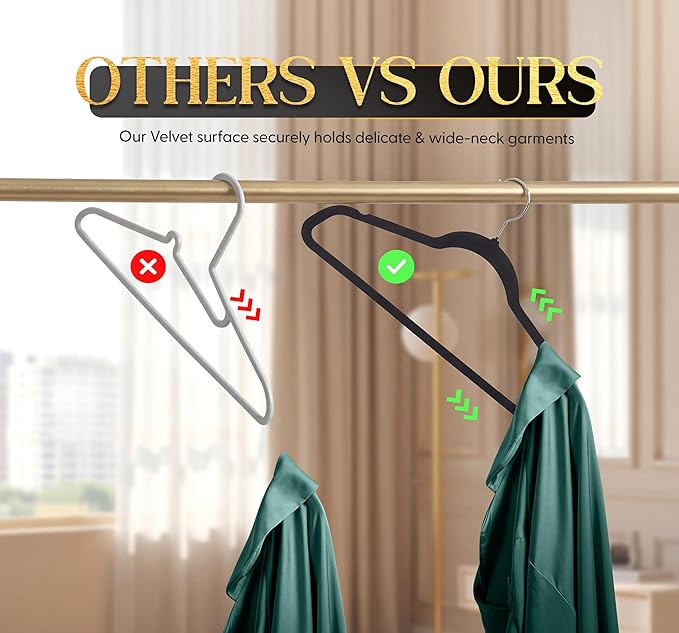 Beddora Velvet Hangers 50-Pack,Black Non-Slip Slim Space-Saving Closet Organizer, Suit & Coat Hangers, Heavy-Duty, 360° Swivel Hook