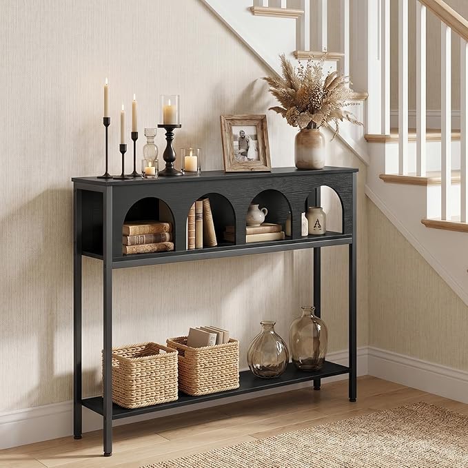 HOOBRO Modern Console Table, Entryway Table with 3-Tier Storage, Narrow Sofa Table Behind Couch with Arched Design for Living Room, Entrance, Hallway, Black BB106XG01