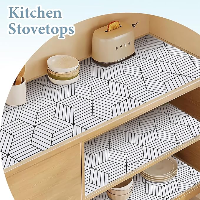 Shelf Liners for Kitchen Cabinets 17in x 30FT, Non Adhesive Cabinet Liner Strong Non-Slip Thickened Black White Geometric Drawer Liner, Easy to Clean for Shelf, Cabinet with Knife and Tape Measure