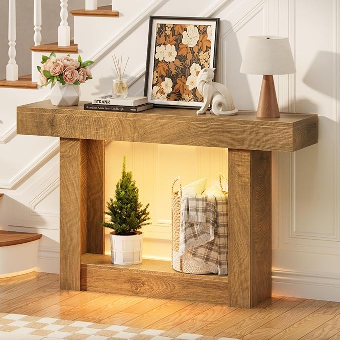 LIFECHOVY 47.2" Farmhouse Wood Entryway Table with Outlet, 2-Tier Console Table with Sensor Light Behind the Couch Sofa, Entrance Side Table for Hallway/Living Room/Foyer, Natural Oak