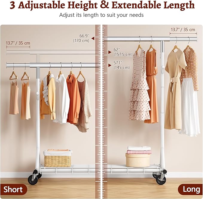FAVOOSTY Heavy Duty Clothes Rack for Hanging Clothes, Rolling & Extending Clothing Rack with Wheels, Garment Coat Rack Freestanding, Portable Clothes Rack, White