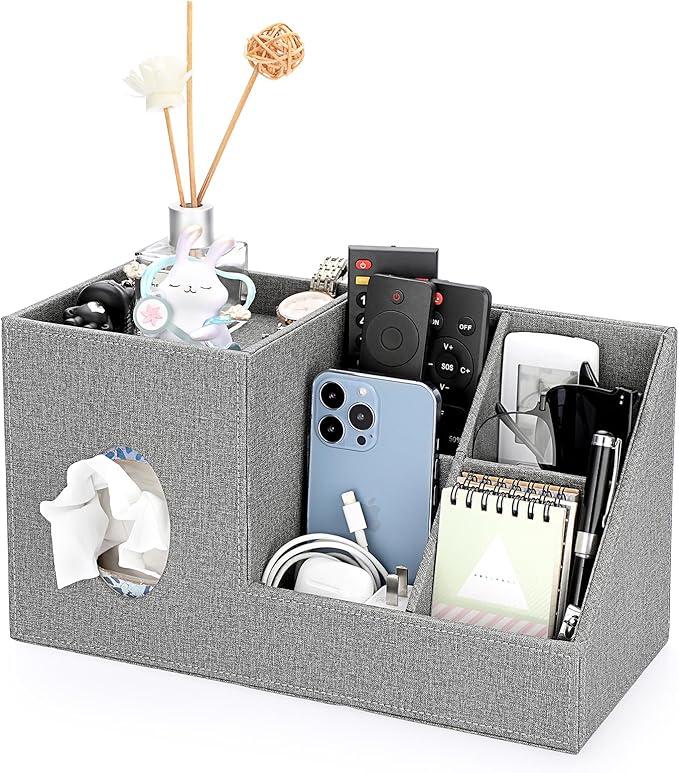 Sumnacon Square Linen Tissue Box Cover - Decorative Cube Tissue Cover with Side and Top Organizer, Modern Tissue Holder for Living Room Vanity Night Stand Table Countertop Office, Grey