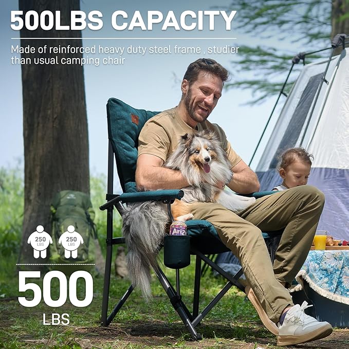 EVER ADVANCED Padded Oversized Folding Camping Chair for Adults, Heavy Duty Lawn Chair with Side Pockets, Portable Collapsible Quad Chair for Outside, Support Up to 500lbs, Green 2Pack