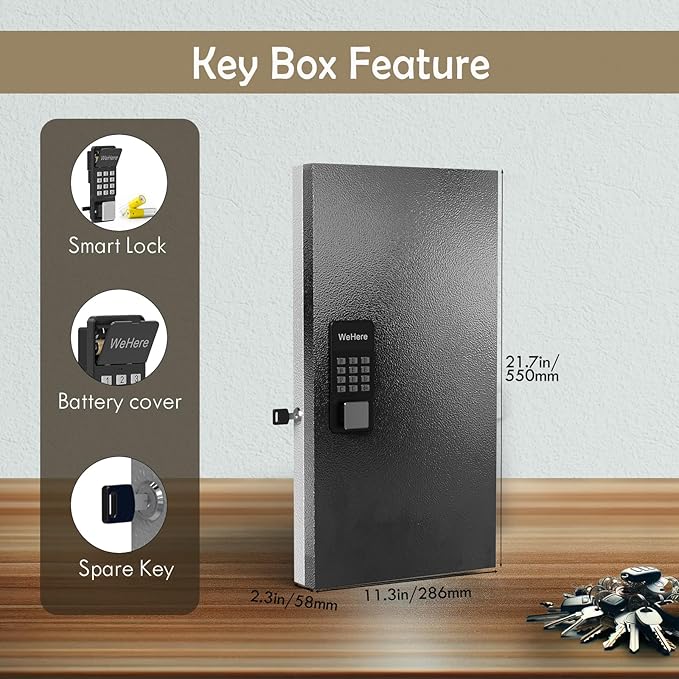 48-Key Key Lock Box Wall Mount, Smart Key Management Cabinet with App, Key Access Log Tracking, Digital Keypad, Bluetooth & WiFi Unlock (Sold Separately) for School, Office, Business