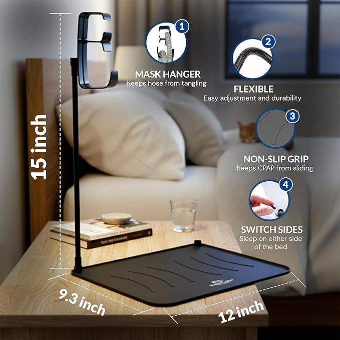 RawRock Mask and Tube Hanger Mat for CPAP - Supplies for CPAP for Bedside Organization with Clean Mask Dust Cover - For CPAP Hose Holder for Nightstand (Luggage Tag Special)