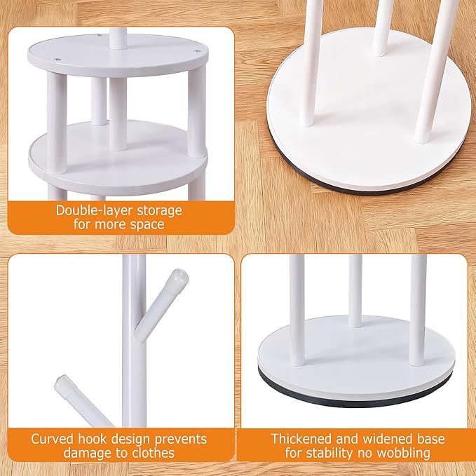 VECELO Coat Rack Freestanding, Entryway Hanger Stand, Umbrella Holder, Hall Tree With Hooks, Floor Standing Metal Tree Stand,White