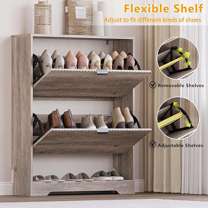 BORNOON Shoe Cabinet with 2 Flip Drawers, Fluted Shoe Storage Cabinet with Adjustable Shelves, Freestanding Rack and Organizer for Entryway, Closet, Hallway