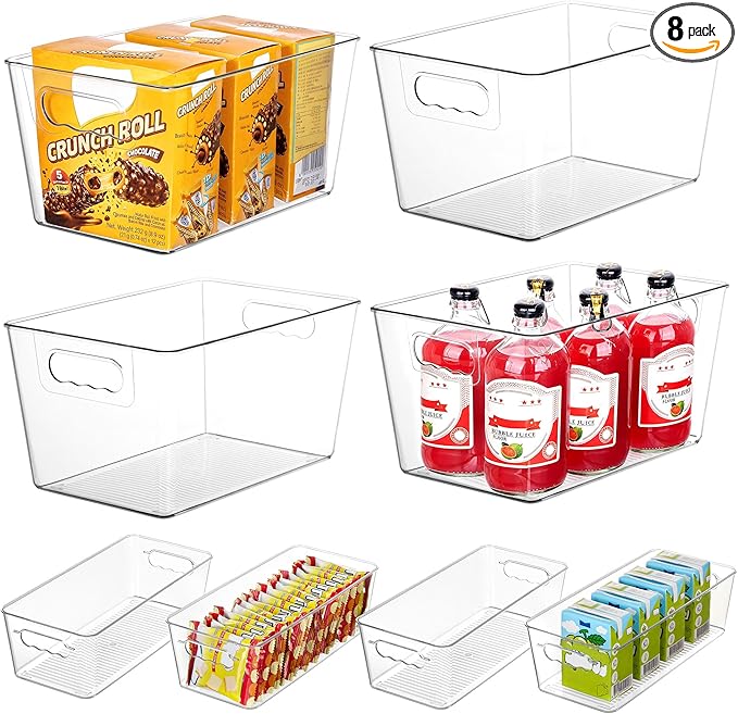 Vtopmart 8 Pack Clear Plastic Storage Bins Set, 4 Large and 4 Small Pantry Organizers and Storage Bins with Handle, Storage Containers for Pantry, Kitchen, Fridge, Cabinet Organization