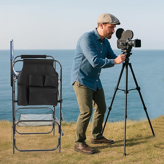 Outvita 31" Tall Directors Chair Height Seat Folding with Side Table Storage Bag, Support for 300Lbs Portable Makeup Artist Chair with Bar Height(Blue/Grey)