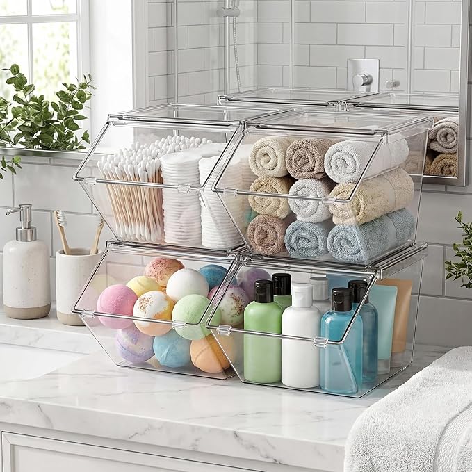 Yerliker 4 Pcs Clear Plastic Storage Bins with Lids Stackable Pantry Storage Organizer Kitchen Cabinet Organizers Ideal Containers for Coffee Pod Tea Sugar Bag Cabinet Home (Extra Large)