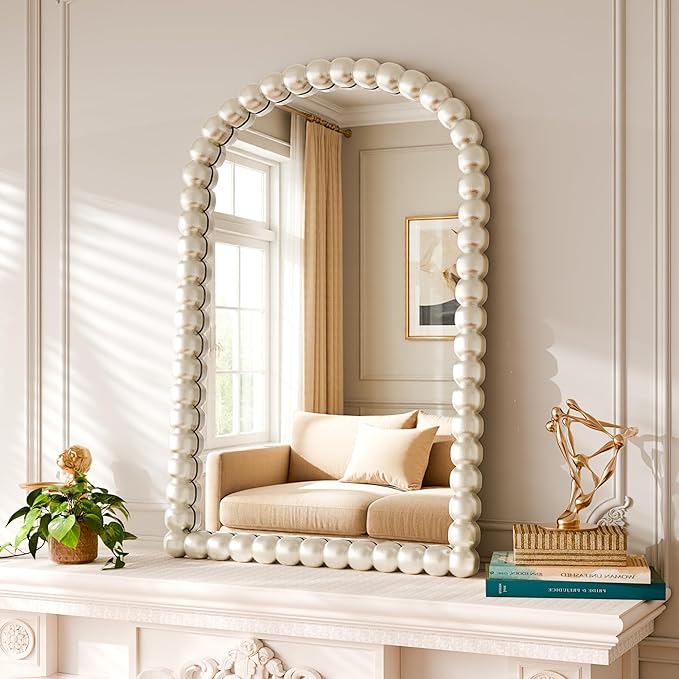 24"×36" Silver Arched Bathroom Vanity Mirror, Vintage Beaded Decorative Wall Mounted Makeup Mirror, as Wall Decor Hanging Leaning for Fireplace Mantle, Living Room, Bedroom, Vanity Area