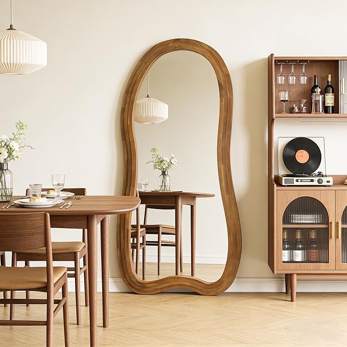 Large Irregular Floor Mirror, 67"x31.5" Organic Shaped Mirrors with Triple-Layer Solid Wood Frame, Asymmetrical Full Length Mirror for Entryway Living Room Bedroom Hallway, Leaning/Hanging