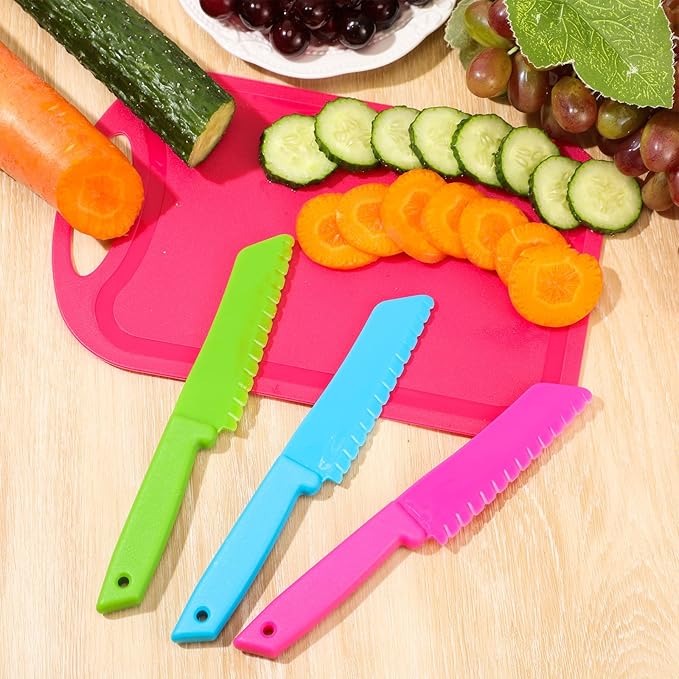 Yinkin 20 Pcs Kids Plastic Knife Set with Cutting Board Toddler Knife Tools, Including 10 Child Safe Knife 10 Chopping Board Kids Cooking Utensils for Cooking Club, Preschool
