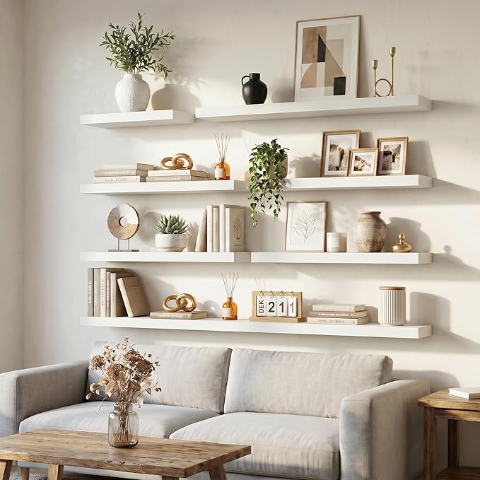 Venusmiles Floating Shelves for Wall, 72 Inch Floating Shelves Set of 2, 6.5" D Wooden Wall Mounted Display Shelves with Invisible Brackets for Living Room, Bedroom, Bathroom, Kitchen Decor, White