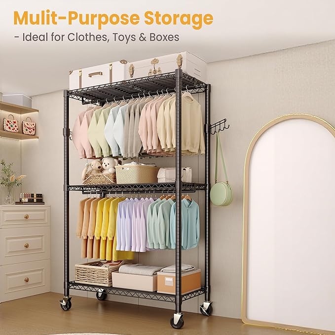 3-Tier Rolling Metal Garment Rack with Adjustable Shelves and Dual Hanging Rods, Heavy Duty Freestanding Clothing Organizer with Wheels for Bedroom, Closet, Dorm, or Laundry Room