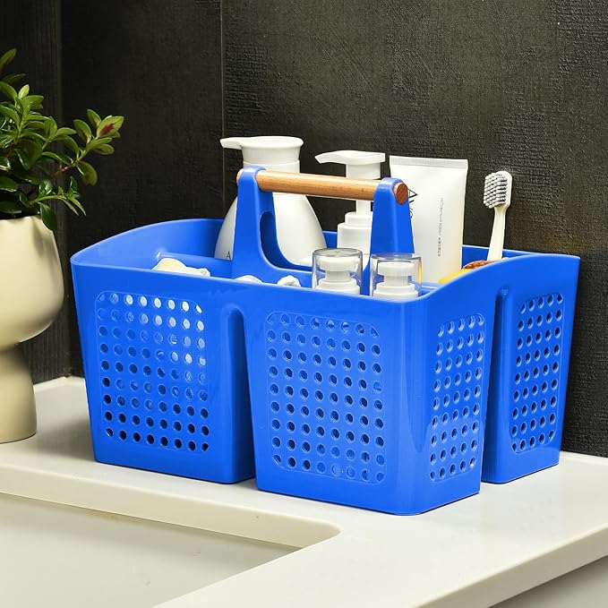 Portable Shower Caddy Basket with Wood Handle, 3-Compartment Bathroom Organizer Tote with Drain Holes, Plastic Shower Basket for Dorm, Toiletries, Cleaning Supplies, Deep Blue