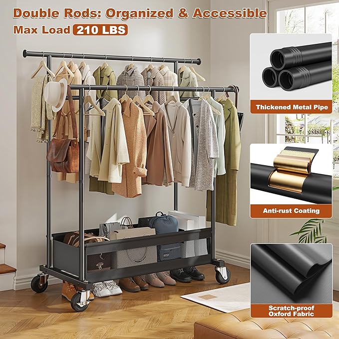 Clothes Rack Clothing Racks for Hanging Clothes, Rolling Clothes Rack Portable Clothing Rack, Double rod clothing rack with Storage Basket, Garment rack for Bedroom, Laundry Room, Black