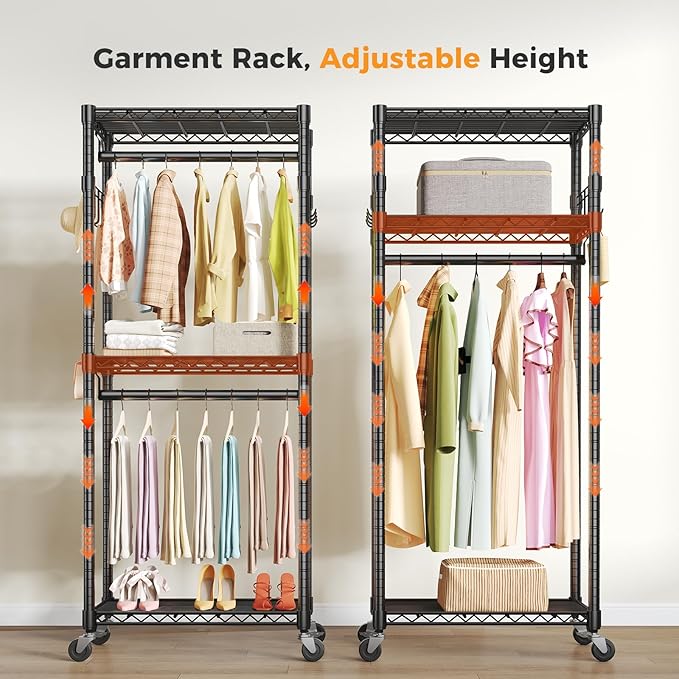 NEWBULIG Heavy Duty Adjustable Clothes Rack with Wheels, Adjustable Rolling Metal Freestanding Garment Closet Organizer with Double Rods & 2 Side Hooks for Hanging Clothes, 29" x 15" x 75", Black