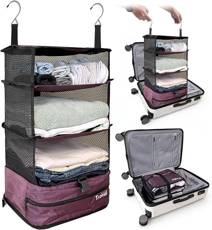 Grand Fusion Stow-N-Go Hanging Travel Shelves, Packing Organizer for Luggage. Carry on Closet for Suitcase. Expandable Packing Cube. Travel Essentials. (Burgundy, XL = (L) 17.7" x (W) 11.8")