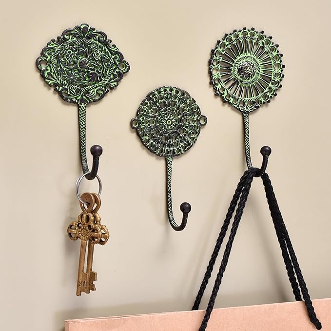 Indian Shelf 33 Lb. 3 Pack Brass Antique Wall Hooks Vintage Farmhouse Style Decorative Coat Rack for Hanging Clothes and Accessories Wall Mounted Hooks