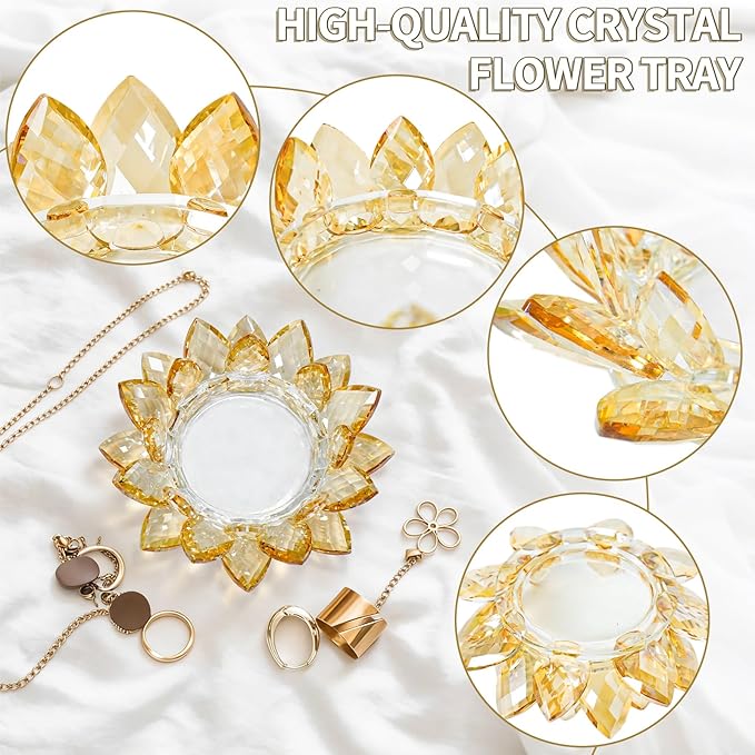 Crystal Flower Jewelry Tray, Luxury Transparent Decorative Trinket Dish for Rings, Earrings, Necklaces, Keys for Vanity Dresser Nightstand, Elegant Gift for Women Mother's Day (1, 6.3"(W)- Gold)