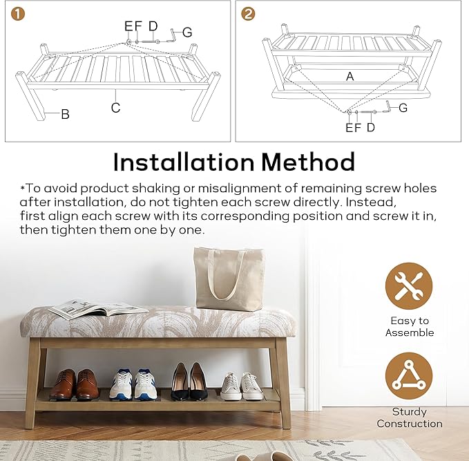 Zihanhome Entryway Shoe Bench with Cushion, End of Bed Bench,Upholstered Bench for Kitchen, Bench with Solid Wood Shelf, Fabric Ottoman Bench for Hallway, Living Room (Textured Beige)