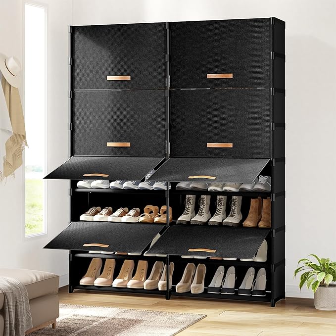 Shoe Storage Cabinet with Door, 54 Pairs Shoe Rack 2 by 9 Tier Space Saving Plastic Shoe Organizer with Cover for Closet, Hallway, Living Room, Bedroom, Garage,Black