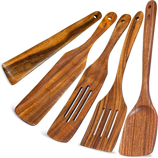 5 PCS Wooden Spatula for Cooking, Natural Teak Wooden Utensil Set, Non-Toxic Wood Cooking Utensil, Handmade Comfort Grip Wood Spoons for Nonstick Cookware