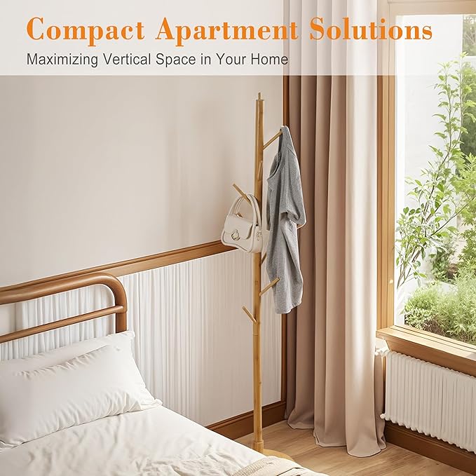 VECELO Coat Rack Freestanding, Entryway Hanger Stand, Umbrella Holder, Hall Tree With Hooks, Floor Standing Metal Tree Stand,Light Wood