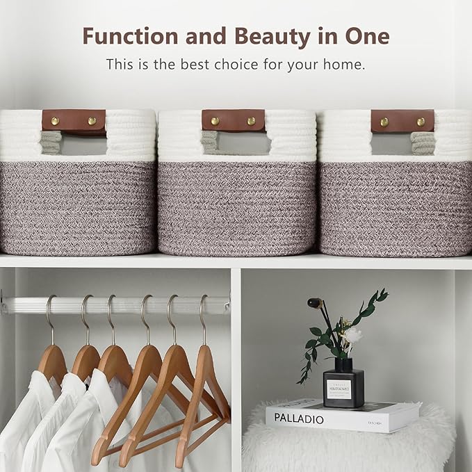 ECDYQXVU Cotton Rope Basket, Storage Baskets with Handle, 15x10x9 Inch Woven Basket for Shelves, Laundry, Towels, Clothes, Books (White Brown 2 Pack)